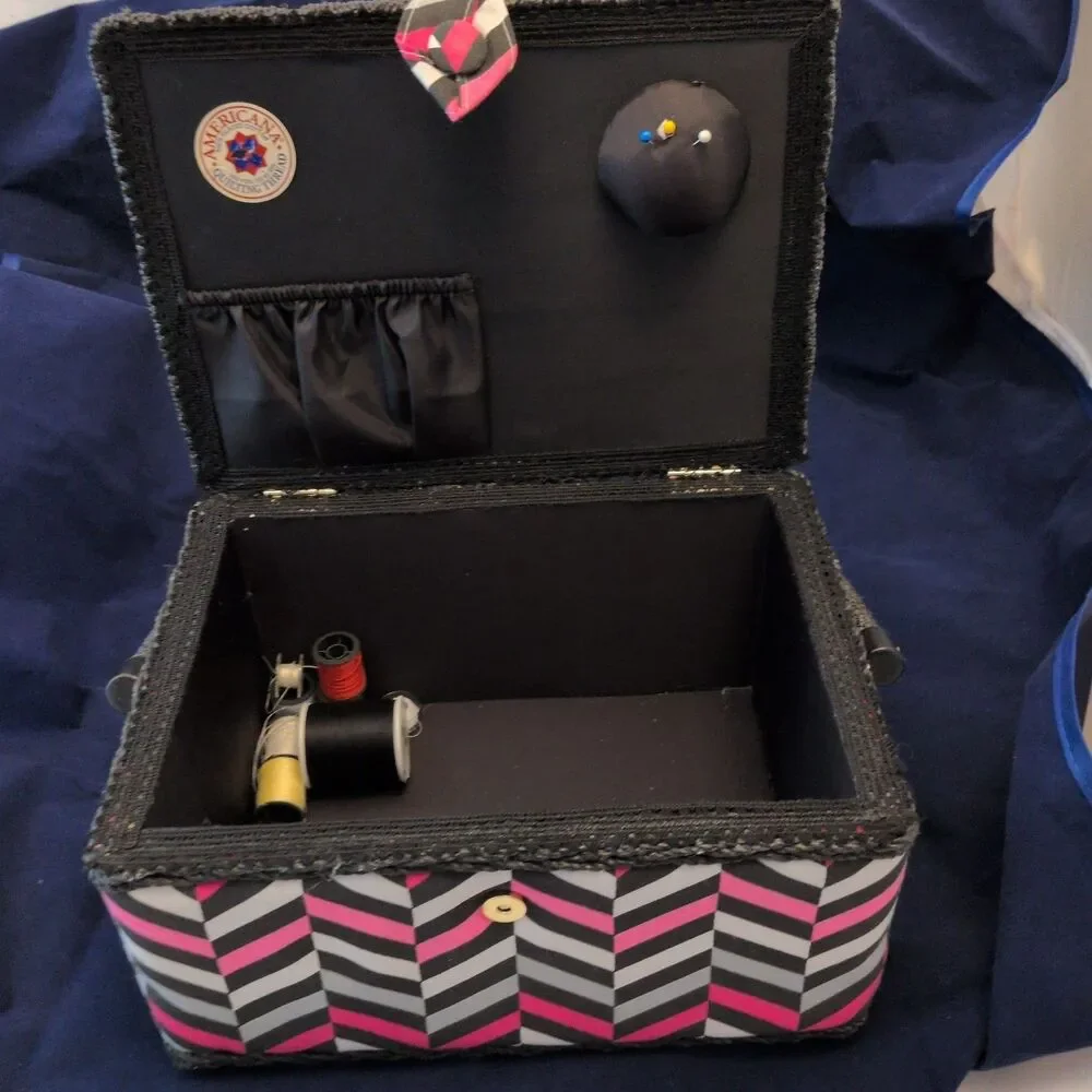 Caboodles Fabric Sewing Basket Case Pink Black Chevron Organiser Vintage Style